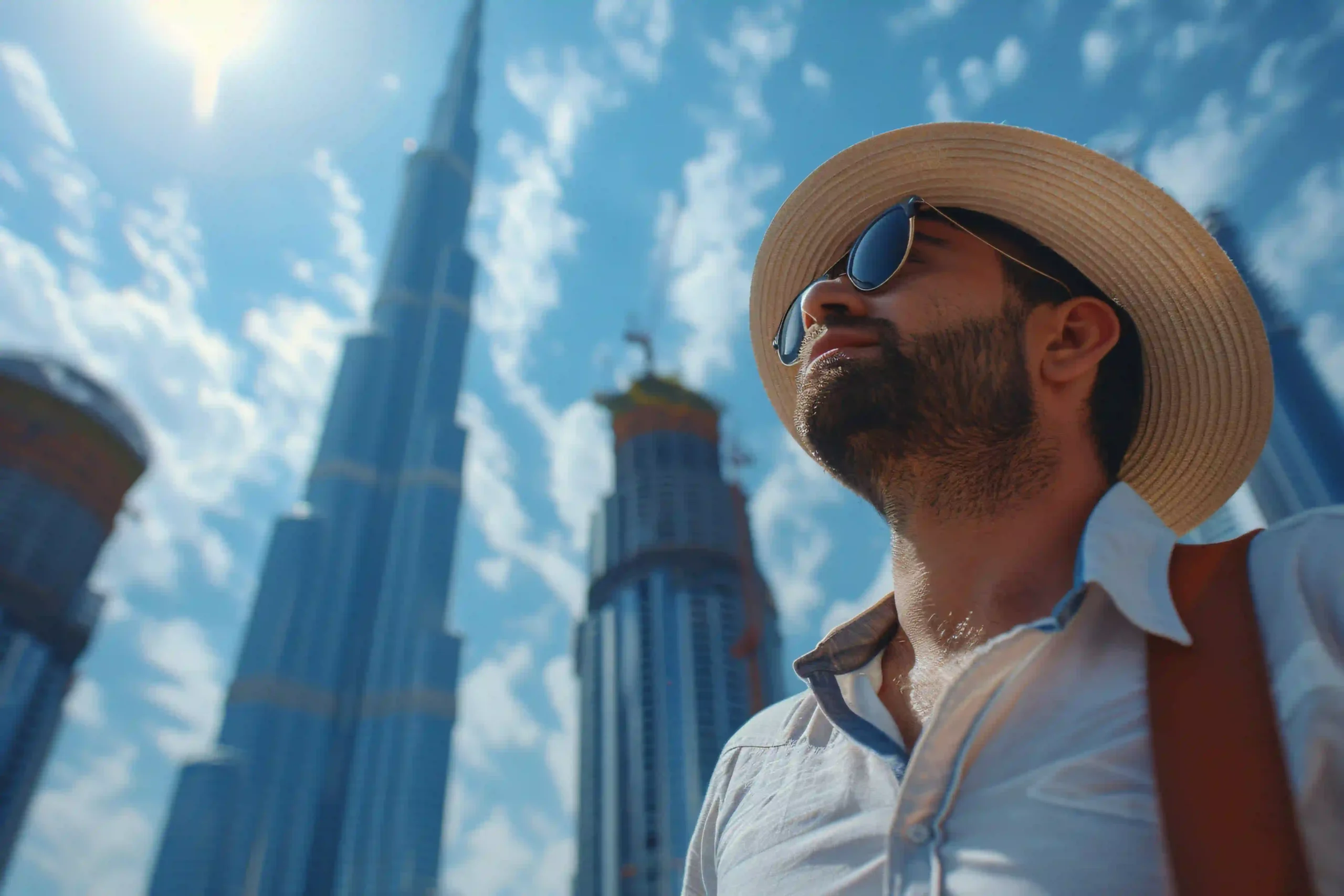 a-man-with-brown-strap-on-his-shoulder-specks-on-his-face-looking-on-the-city-dubai-burj-khalifa-his-right-side